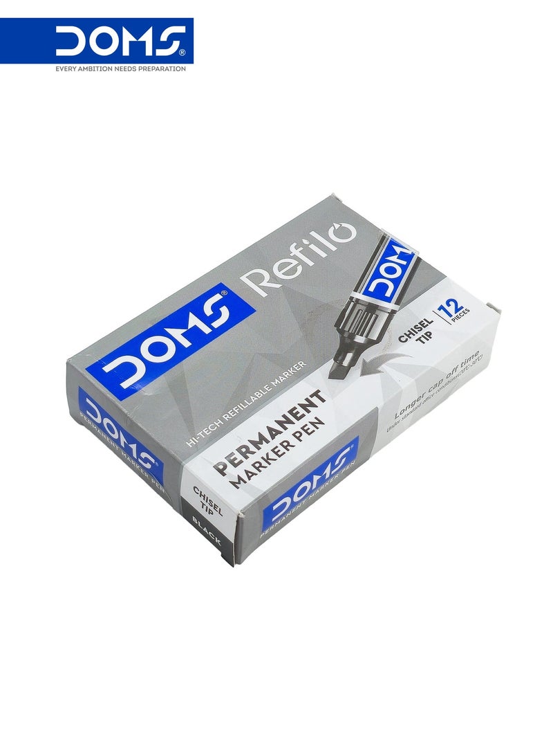 DOMS Permanent Marker Pen, Black Ink, Chisel Tip, Refillable, Pack of 12 - Image 3